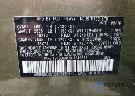 2017 Subaru Outback 2.5I Limited z USA, uszkodzony, nr VIN 4S4BSANCXH3249617